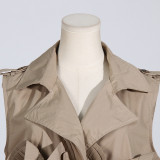 Spring Summer Fashionable Chic Khaki V-Neck Pleated Patchwork Sleeveless Lace-Up Women's Shirt