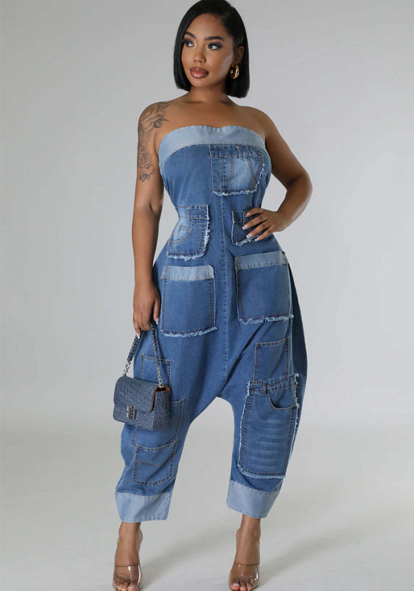 Denim Cargo Multi-Pocket Patchwork Loose Strapless Jumpsuit