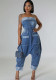 Denim Cargo Multi-Pocket Patchwork Loose Strapless Jumpsuit