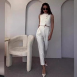 Summer Sleeveless Vest Top High Waist Straight Leg Pants Solid Color Two-Piece Set