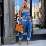 Denim Cargo Multi-Pocket Patchwork Loose Strapless Jumpsuit
