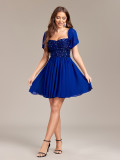 Women's Off Shoulder Low Back Chiffon Patchwork Sequin Midi Prom Dress