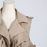 Spring Summer Fashionable Chic Khaki V-Neck Pleated Patchwork Sleeveless Lace-Up Women's Shirt