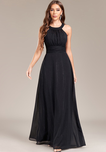 Halter Neck Low Back Pleated Slim Waist Formal Party Black Evening Gown
