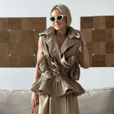 Spring Summer Fashionable Chic Khaki V-Neck Pleated Patchwork Sleeveless Lace-Up Women's Shirt