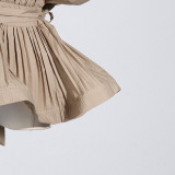 Spring Summer Fashionable Chic Khaki V-Neck Pleated Patchwork Sleeveless Lace-Up Women's Shirt