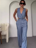 Summer Cross Slim Sleeveless Vest High Waist Wide Leg Pants Two Piece Set