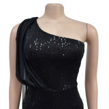 Women Solid Sleeveless One Shoulder Sequin Jumpsuit