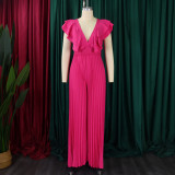 Women's Deep V Neck High Waist Sexy Ruffled Pleat Wide Leg Jumpsuit