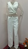 Summer Cross Slim Sleeveless Vest High Waist Wide Leg Pants Two Piece Set