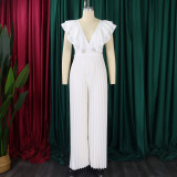 Women's Deep V Neck High Waist Sexy Ruffled Pleat Wide Leg Jumpsuit