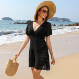 V-Neck Beach Cover-Up Short Sleeve Crochet Dress