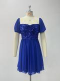 Women's Off Shoulder Low Back Chiffon Patchwork Sequin Midi Prom Dress