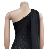 Women Solid Sleeveless One Shoulder Sequin Jumpsuit