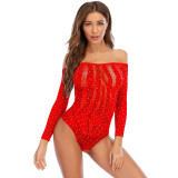 Long-Sleeved Jacquard Beaded Shiny Rhinestone Mesh Bodysuit