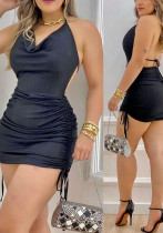 Women's Black Halter Backless Pleated Mini Dress Women's Black Halter Backless Pleated Mini Dress