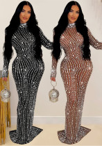 Fashion Women's Solid Color Beaded Mesh Long Dress Fashion Women's Solid Color Beaded Mesh Long Dress