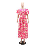 Chic Casual Spring And Summer Women's Printed Short Sleeve Long Dress