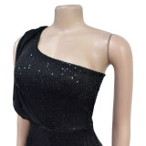 Women Solid Sleeveless One Shoulder Sequin Jumpsuit