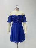 Women's Off Shoulder Low Back Chiffon Patchwork Sequin Midi Prom Dress