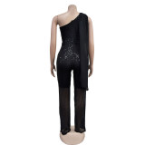 Women Solid Sleeveless One Shoulder Sequin Jumpsuit