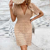 V-Neck Beach Cover-Up Short Sleeve Crochet Dress