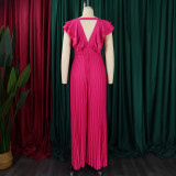 Women's Deep V Neck High Waist Sexy Ruffled Pleat Wide Leg Jumpsuit