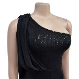 Women Solid Sleeveless One Shoulder Sequin Jumpsuit