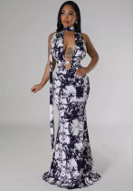 Women's V-Neck Low Back Lace-Up Sleeveless Printed Long Dress