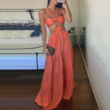 Summer Fashionable And Sexy Strap Solid Color Hollow Long Dress