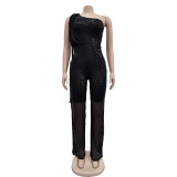 Women Solid Sleeveless One Shoulder Sequin Jumpsuit