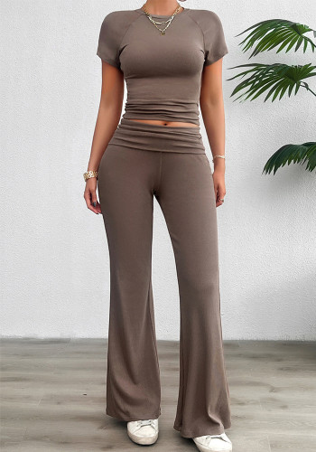 Women's Spring Summer Casual Solid Color Slim Fit Short Sleeve Two Piece Pants Set