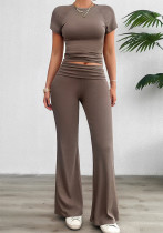 Women's Spring Summer Casual Solid Color Slim Fit Short Sleeve Two Piece Pants Set Women's Spring Summer Casual Solid Color Slim Fit Short Sleeve Two Piece Pants Set