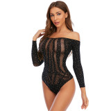 Long-Sleeved Jacquard Beaded Shiny Rhinestone Mesh Bodysuit
