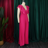 Women's Deep V Neck High Waist Sexy Ruffled Pleat Wide Leg Jumpsuit