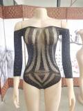 Long-Sleeved Jacquard Beaded Shiny Rhinestone Mesh Bodysuit