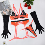 Women Contrast Color Embroidered Gloves Sexy LingerieSet