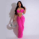 Women Sexy Sleeveless Strapless Crop Top and pleated Skirt two-piece set
