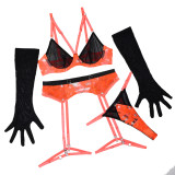 Women Contrast Color Embroidered Gloves Sexy LingerieSet