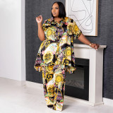 Women Printed Short Sleeve Shirt Collar and Pant Casual Two-piece Set