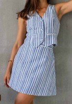 Women Striped V-Neck Sleeveless Top and Skirt Two-Piece