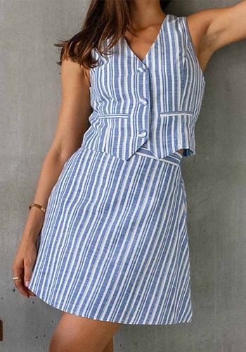 Women Striped V-Neck Sleeveless Top and Skirt Two-Piece