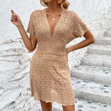 V-Neck Beach Cover-Up Short Sleeve Crochet Dress