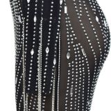 Fashion Women's Solid Color Beaded Mesh Long Dress