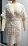 V-Neck Beach Cover-Up Short Sleeve Crochet Dress