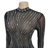 Fashion Women's Solid Color Beaded Mesh Long Dress