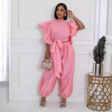 Women Ruffle Edge Sleeve Lace-Up Top and Elastic Pants Two-piece Set