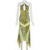 Women Summer Print Halter Neck Hollow Backless Dress