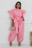 Women Ruffle Edge Sleeve Lace-Up Top and Elastic Pants Two-piece Set