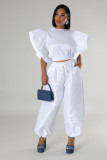 Women Ruffle Edge Sleeve Lace-Up Top and Elastic Pants Two-piece Set